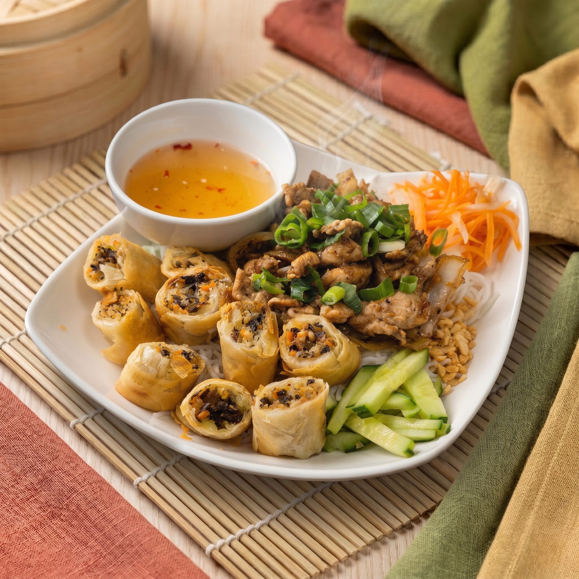 Bo bún vietnamien halal : vermicelles de riz, poulet sauté, nems croustillants, crudités et sauce nuoc mam – restaurant Sabay Oi à Ivry-sur-Seine