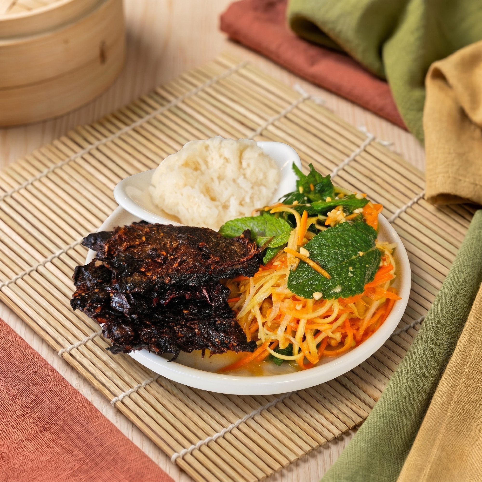 Bœuf séché cambodgien halal mariné aux épices, servi avec riz gluant et salade de papaye – restaurant Sabay Oi à Ivry-sur-Seine