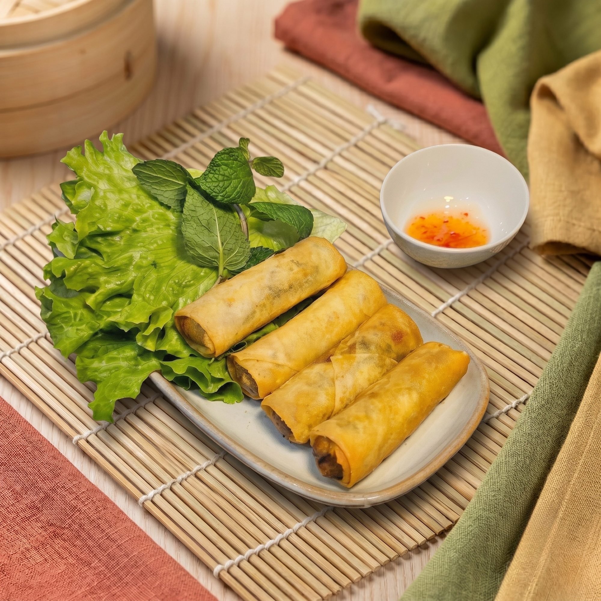 Nems au poulet halal croustillants avec salade, menthe et sauce nuoc mam – restaurant vietnamien Sabay Oi à Ivry-sur-Seine